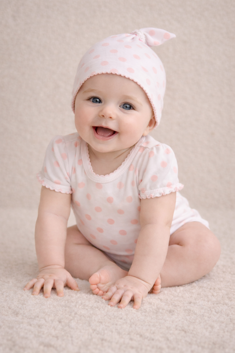 GOTS Certified Two Piece Set with Ruffle Sleeve Onesie & Knot Top Beanie
