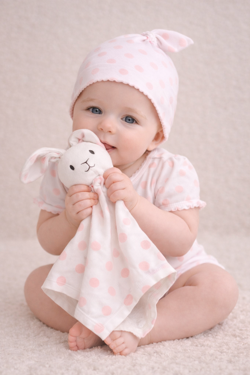 GOTS Certified Three Piece Set Toy, Ruffle Sleeve Onesie & Knot Top Beanie
