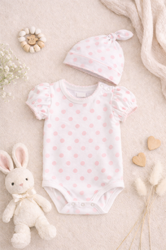 GOTS Certified Two Piece Set with Ruffle Sleeve Onesie & Knot Top Beanie