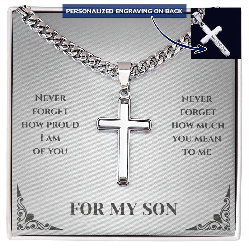 For My Son - Stainless Steel Personalised Cross with Cuban Link Chain