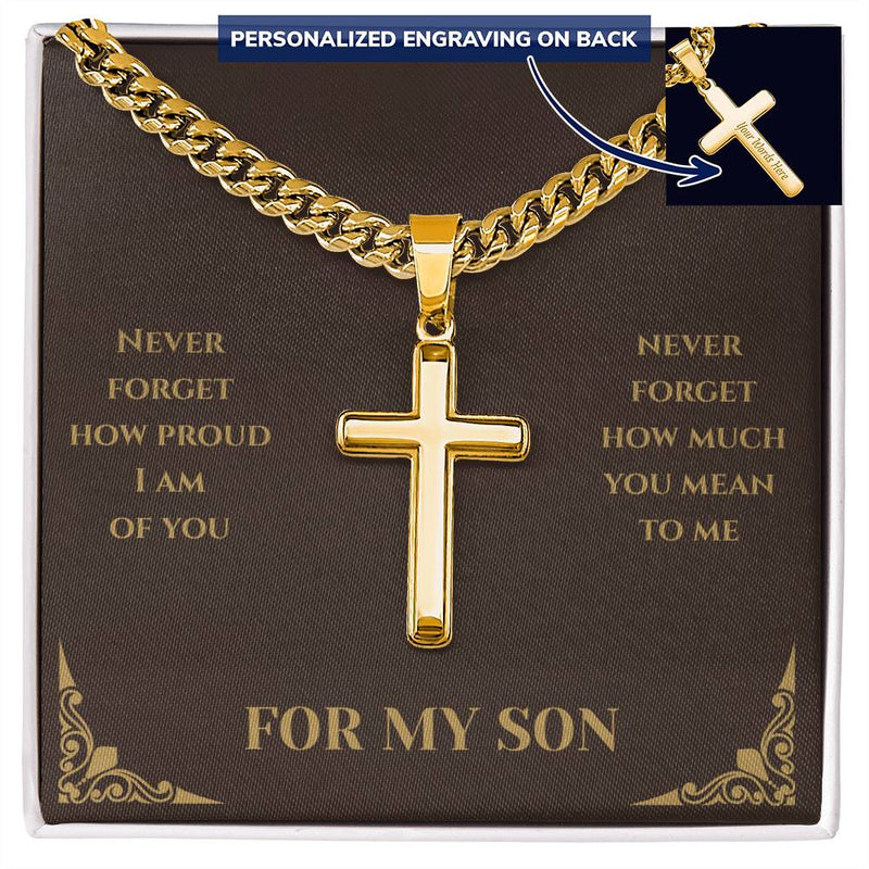 For My Son - Gold Personalised Cross with Cuban Link Chain